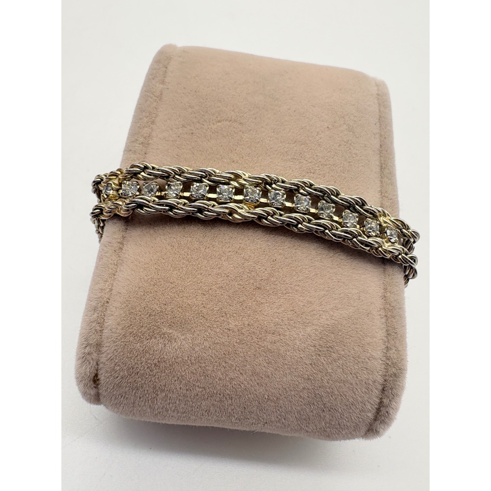 Two Tone Rope Chain Bracelet Gold Silver Rhinestone Layered 7 Inch‎ - Picture 2 of 9